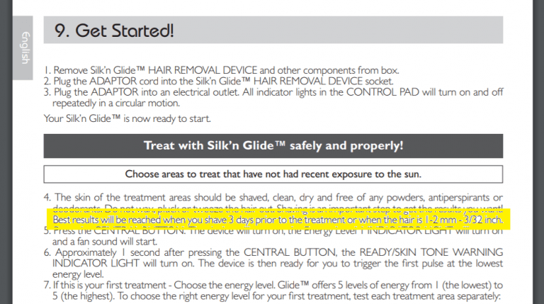 highlighted extract from the UK user manual for the Silk'n Glide models