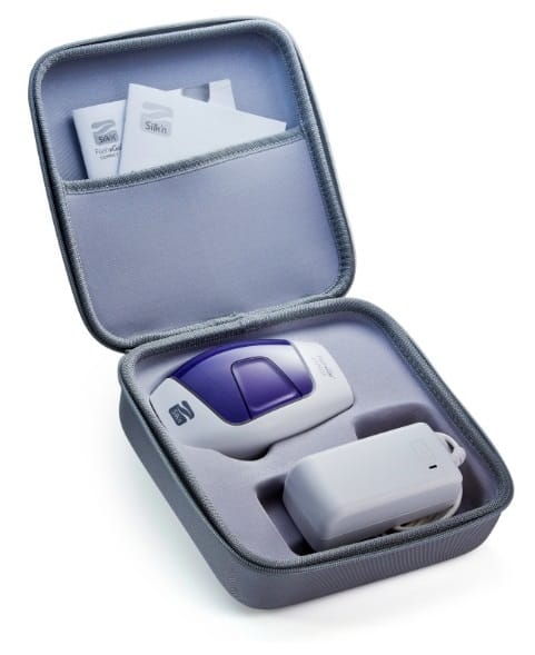 Grey, protective zip-up storage case with Silk'n Flash&Go Express and power adaptor tucked away safely.