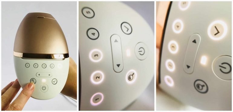 3 images showing how the Smartskin sensor works. The magnify glass button activates the sensor, the 1 to 5 intensity level indicators illuminate white in a round as it works. The 'tick' button lights-up white once it is done along with the maximum appropriate intensity indicators. Press the 'tick' button to choose it.