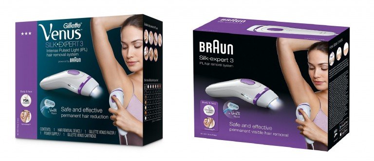 The Gillette Venus silk expert 3 for the USA and the Braun Silk Expert 3 box for the UK, side by side.