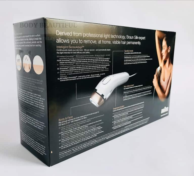 Photo diagram of the Silk expert IPL device with the key features illustrated. Shown on the reverse of the Braun IPL packaging.