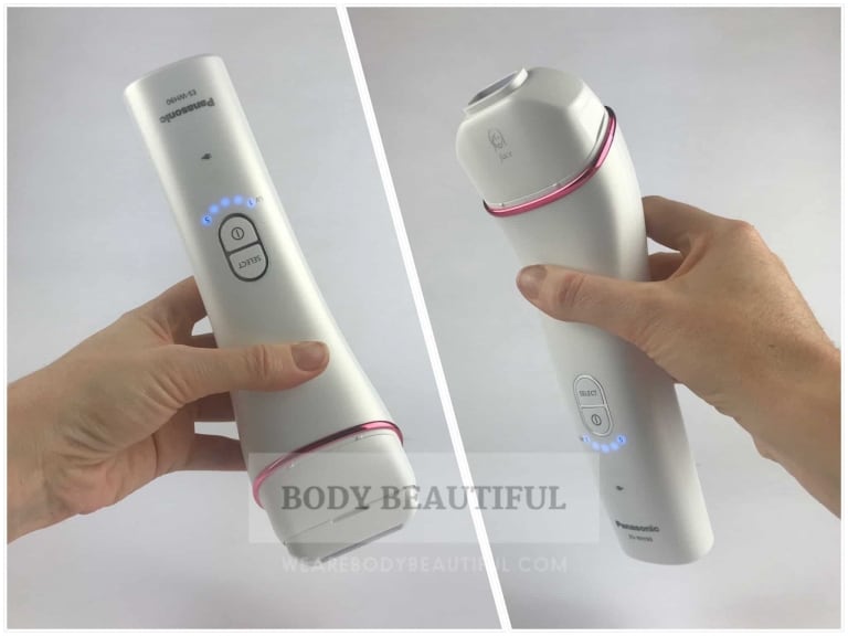 2 photos of a hand holding the ES-Wh90 device. Photo 1: My left hand holds the device with the body attachment facing downwards. This is most comfortable for your legs. Photo 2: my right hand holds the device with the facial attachment point up. This is best for treating your face.