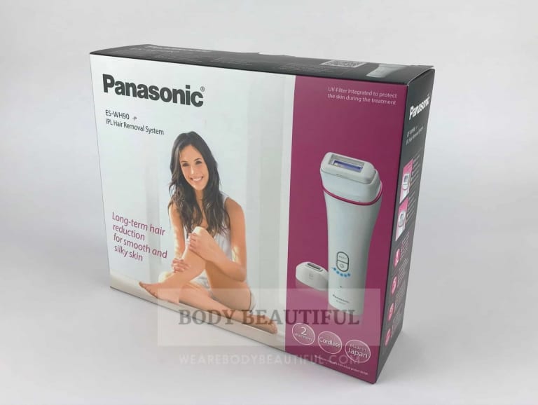 Photo of the Panasonic ES-WH90 box front showing a pretty, smooth-legged lady witha clode up of the device.