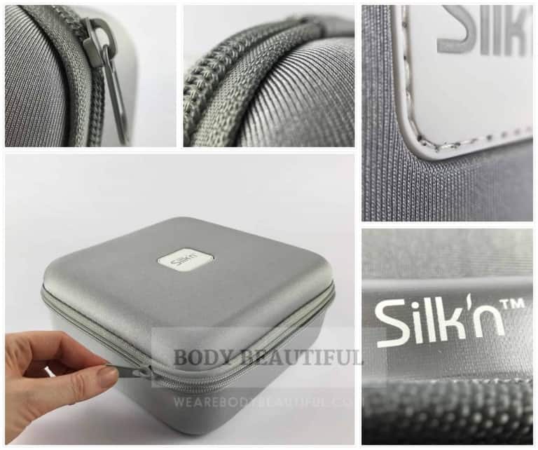 Various photos of the shimmery silver storage case. It's a thoughtful extra from Silkn.