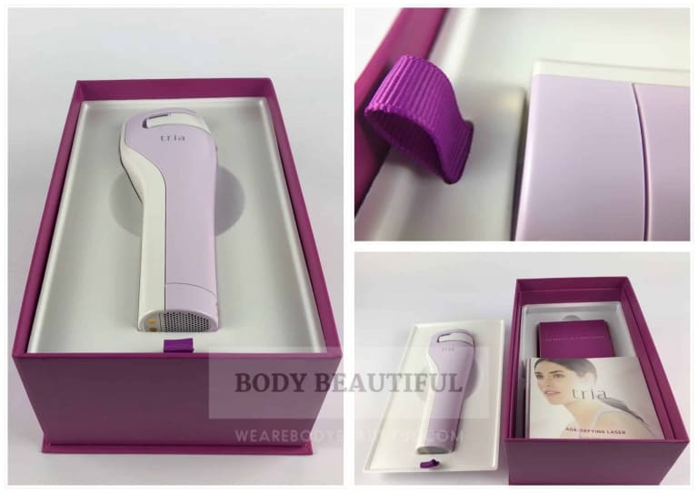 Multiple photos of the Tria box inside showing the magenta pull ribbon on the plastic mould, laser in the mould and contents underneath