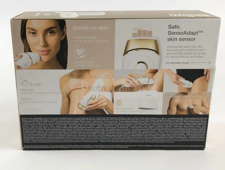 Photo of the back of the box describing the features and benefits of the Braun Pro 5 IPL. It's recommended by the Skin Alliance Foundation, has an advanced skin tone sensor, 10 intensity levels, it's fast, comes with a precision attachment and men can use it too!