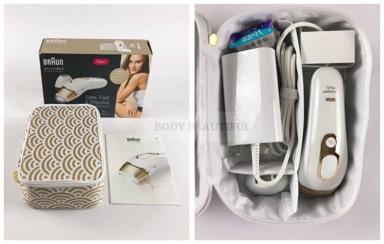 A closer look in the zip around storage case shows the white and gold Braun Pro 5 IPL device and cable, and other contents nestled in two snug compartments.