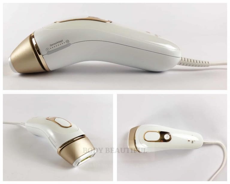 3 photos of the Braun Pro 5 iPL with gold body attachment showing the curvy shape and smooth lines