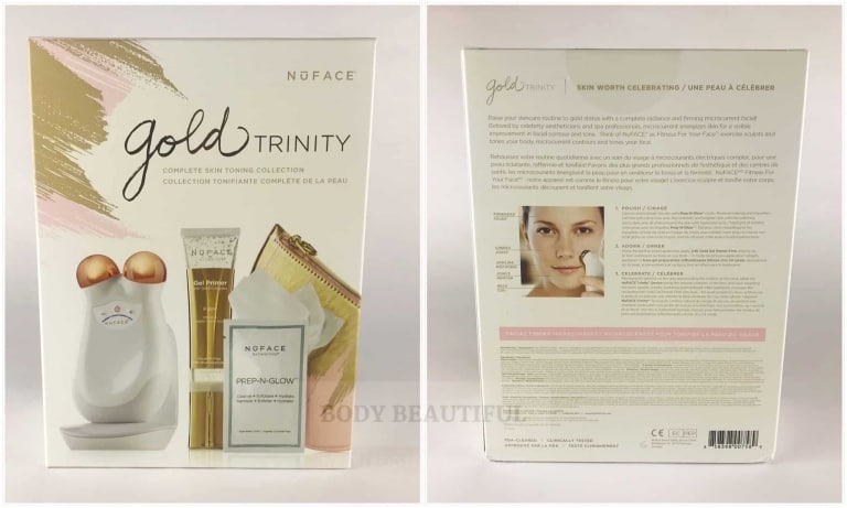 Photos of the box front and back of the Nuface Trinity Gold edition.