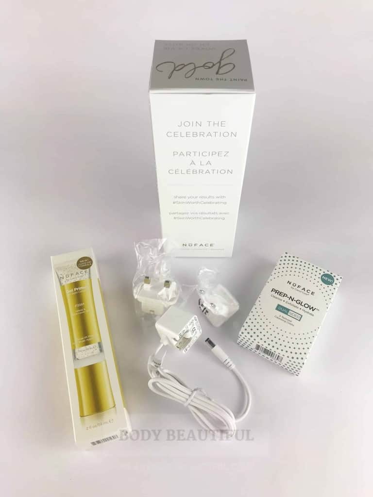 The content of the smaller box: 24K gold Firm priming gel in a box, compact plug and cable with interchangeable prongs, and Prep n Glow cleansing cloths.