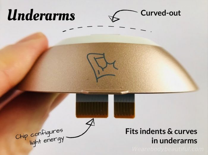 The Philips Lumea Prestige underarms attachment is gently curved outwards and closely fits the contours around your underarms for easier flashes versus flat flash windows. The chip in the bottom of the window inserts inside the device and configures the light energy for the hair  type in this body area.
