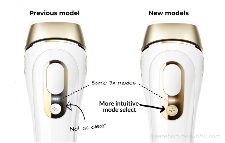 The older (left) versus latest (right) controls on the Braun Pro 5 IPL devices. the newer version has clearer, more intuitive buttons and markings to choose from the 3 modes ranging from extra gentle, gentle to standard power modes.