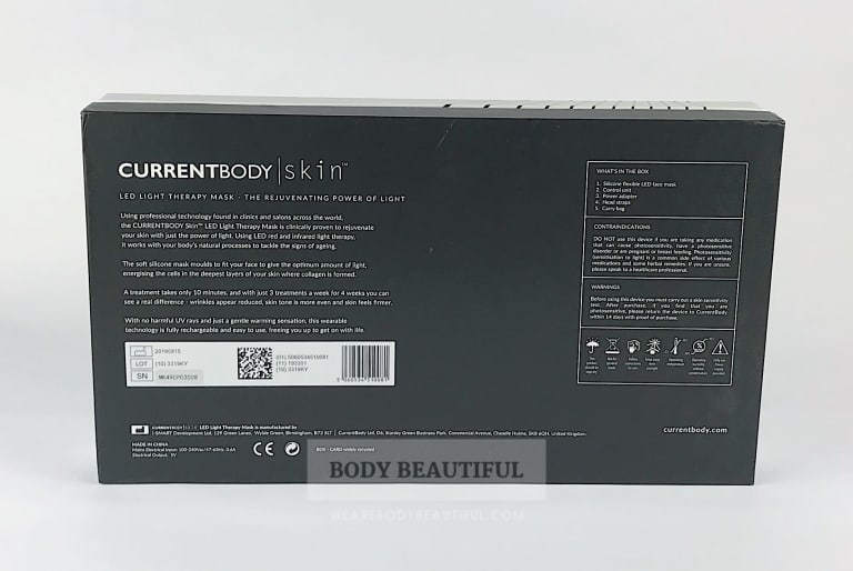 Black back of the CurrentBody.com Skin LED light therapy mask box