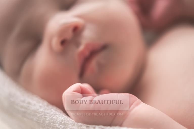 Soft focus on a very youny sleeping baby with pillow soft and bright skin. IT's that's way because it's bursting with Hyaluronic Acid and water.