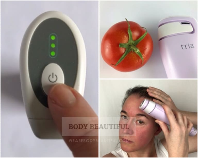 The Tria laser on intensity 3, makes your skin red like a tomato! and takes patience on your forehead because it cuts out a bit.