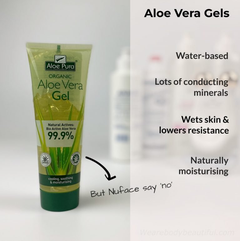 Aloe Vera gels are ✔️ water-based, ✔️ Have lots of conducting ions ✔️ wet your skin so lower the electrical resistance, ✔️ are naturally moisturising ✔️ wipe off or massage in after your session
