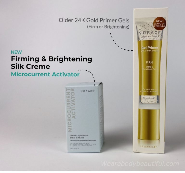 The new and old Nuface Anti-ageing microcurrent gels in their boxes; left, the new 50ml tub of the nfirming & Brightening silk creme, and right, the comparative 59ml clear and gold tube of the older (and soon to be unavailable) Nuface 24K Gold gel primer.