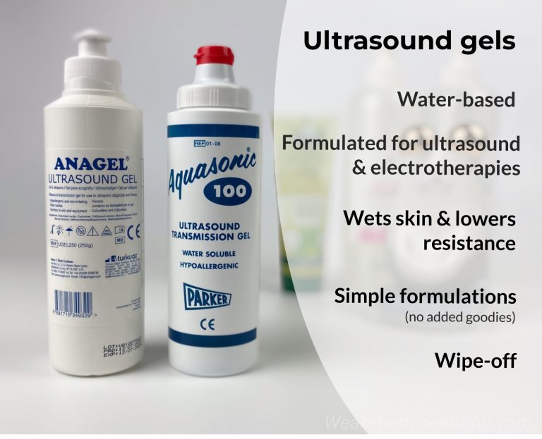 Ultrasound gels are ✔️ water-based, ✔️ formulated for ultrasound & electrotherapies, ✔️ wet your skin so lower the electrical resistance, ✔️ simple formulations with goodies that you wipe-off once done.