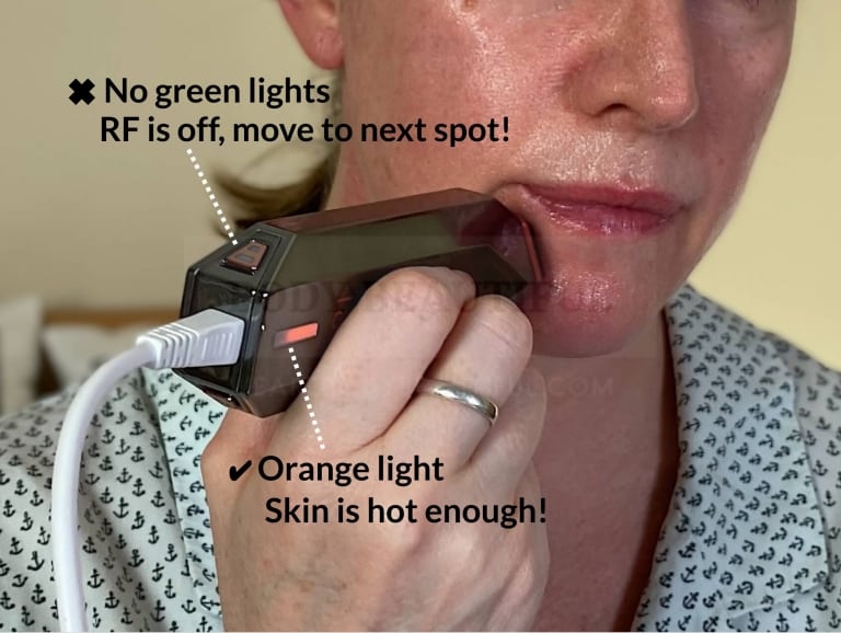 The RF isn't flowing when the green light is off! It turns off when your skin reaches the target temperature