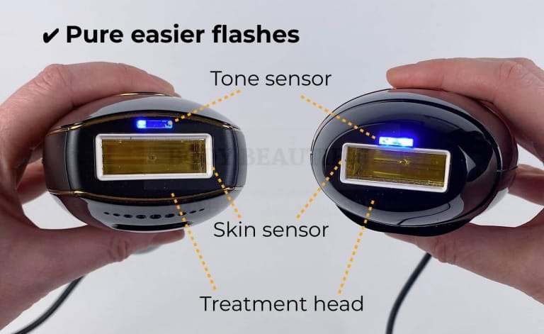 Close up of the treatment heads on the Pure and Bare+ showing the tone sensor, skin contact sensor and shape of the treatment heads.