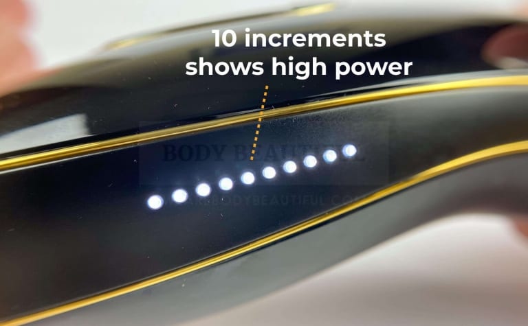 10 white lights on the Pure power bar show the highest IPL intensity level is matched to your skin tone and is ready to flash