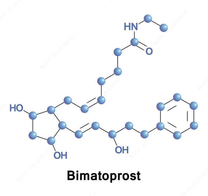 The chemical structure diagram of the prostaglandin analog called Bimatoprost found in glaucoma medication and eye lash growth medicinal serum