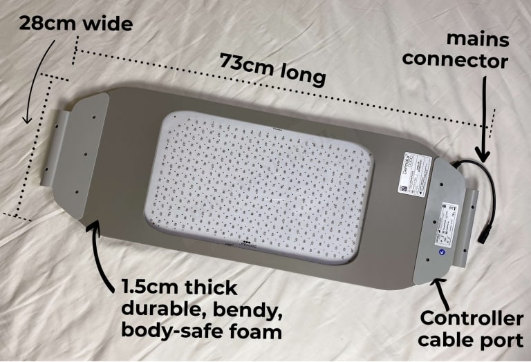The Flex MD LED panel is 73cm long, 28cm wide, 1.5cm thick with a short black mains power cable connector and controller cable port