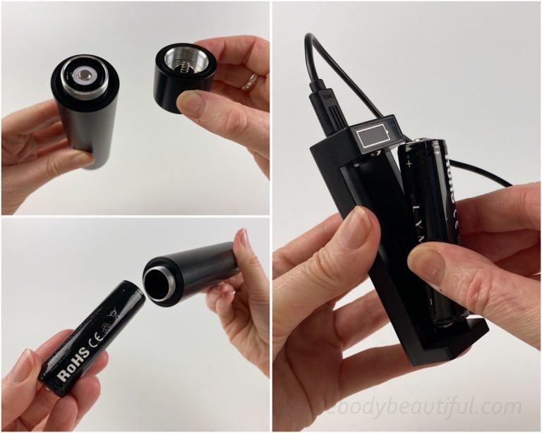 Unscrew the end to remove the battery from the LYMA laser and charge it in the small & portable charging cradle