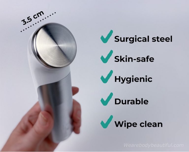 The 3.5cm diameter treatment head, is ✔️ Surgical steel, ✔️skin-safe, ✔️Hygienic, ✔️Durable ✔️Wipe clean