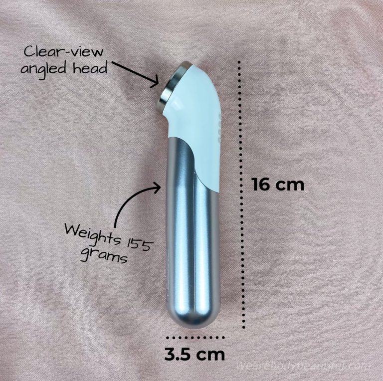The Mira-skin wand is 16cm long and 3.5cm in diameter, and weighs just 155 grams, with a comfy & clear-view angled head
