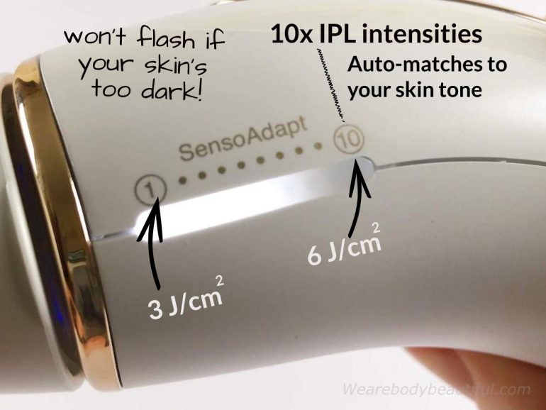 The Braun Pro 5 IPL has a clever skin tone sensor which scans your skin tone and matches the best of 10 IPL intensities to your tone. The IPL range is low to high (3 to 6 J/cm2). The sensor won't flash if your skin is too dark.