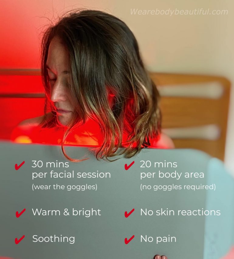 How easy is the Flex MD LED kit? Do 30 minutes per facial session (and wear the goggles), do 20 minutes per body area (no goggles needed), it feels warm and bright, there's no pain or skin reactions. Nope, it's totally soothing!